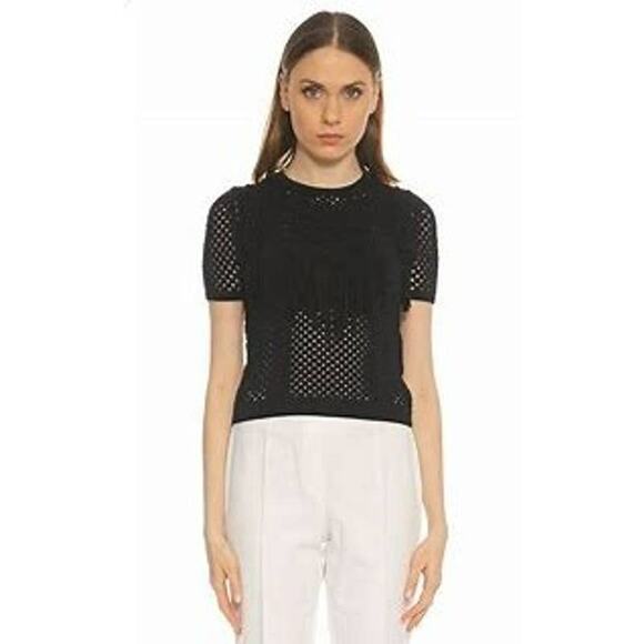 Crochet Leather Fringe Black Short Sleeve Open Knit Sweater Gothic Size Small - Picture 1 of 12